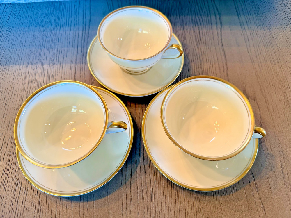Vintage KPM Royal Ivory Marlborough Cups Saucers Set of 3 Gold Germany Regency